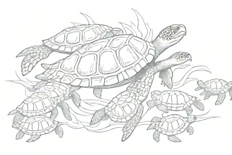 1 Momma Sea Turtle With 6 Baby Sea Turtles Swimming