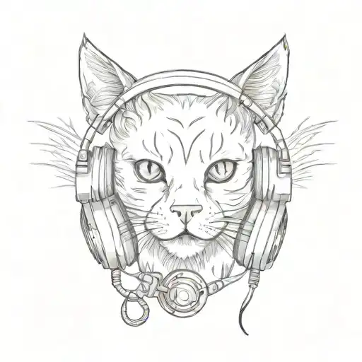 A Sketch Tattoo Of A Cat Wearing Headphones And Listening To Music