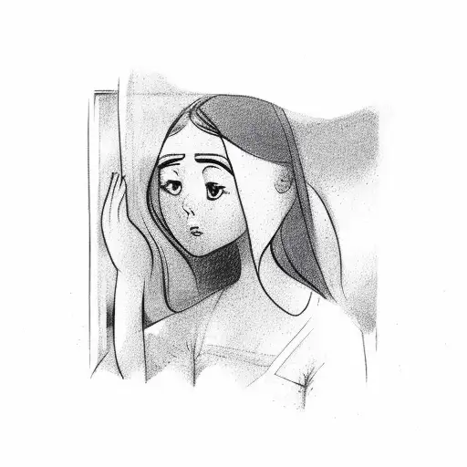 Woman Looking At A Window With A Sky And A Rainbow