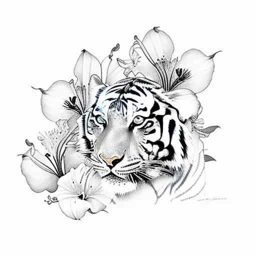 Tiger With Lily And Hibiscus Flowers