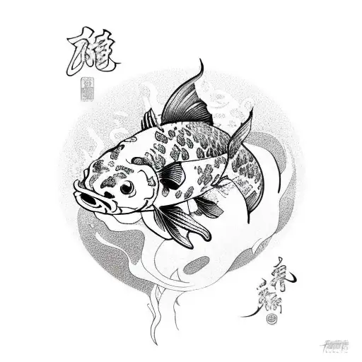 Fineline Koi Fish Shaped Like Ying And Yangwith Flowers And Wavy Lines Like Water