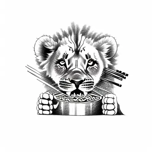 Tattoo Of A Lion Cub Eating Ramen