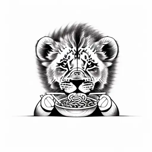 Tattoo Of A Lion Cub Eating Ramen