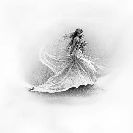 A Realism Tattoo Of A Lady In A Dress Floating In Water