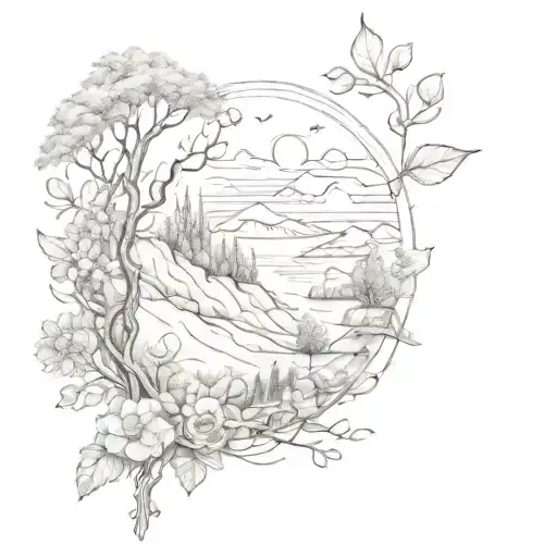 A Sketch Of A Beautiful Landscape With Hidden Symbols Of Love And Femininity
