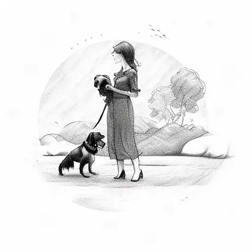 Sketch Of A Lady With A Dog In A Dreamy Landscape