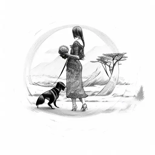 Sketch Of A Lady With A Dog In A Dreamy Landscape
