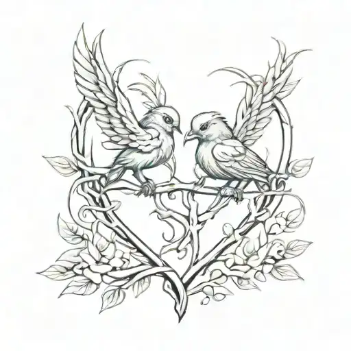 A Sketch Style Tattoo Of Two Intertwined Branches Forming A Heart Shape With A Bird Perched On Top