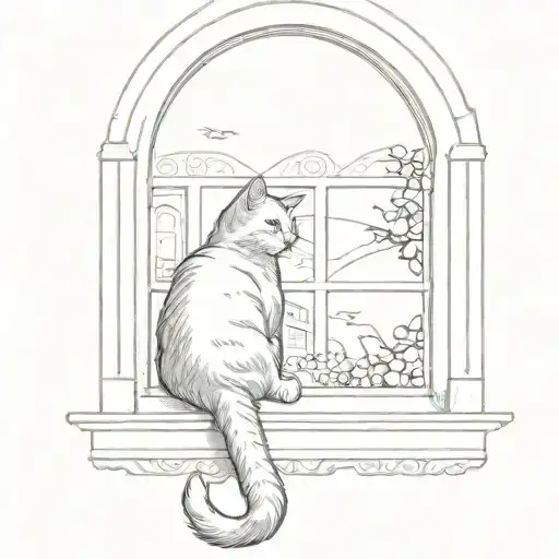 Cat Sat At A Window With An Arch Looking At Bird Flying