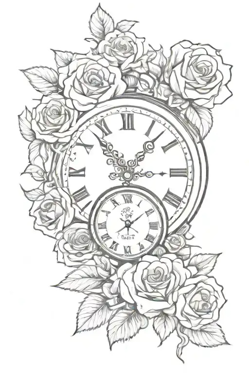 Roses Intertwined Within Clock Wit Pin Up Doll Face
