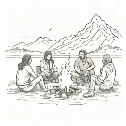 A Sketch Of Friends Sitting Around A Campfire With The Silhouette Of Mountains In The Distance