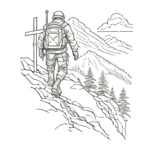 A Sketch Style Tattoo Of A Soldier Hiking Up A Mountain With A Cross In The Background