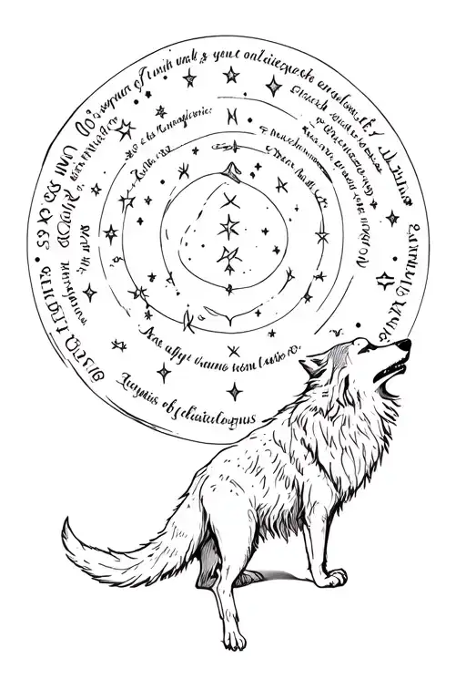 Wolf Howling At The Moon With The Consellation Of Aquarius Written In The Stars