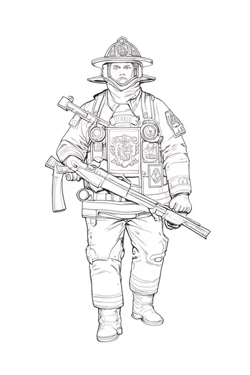 Firefighter With Coat Of Arms And In Action