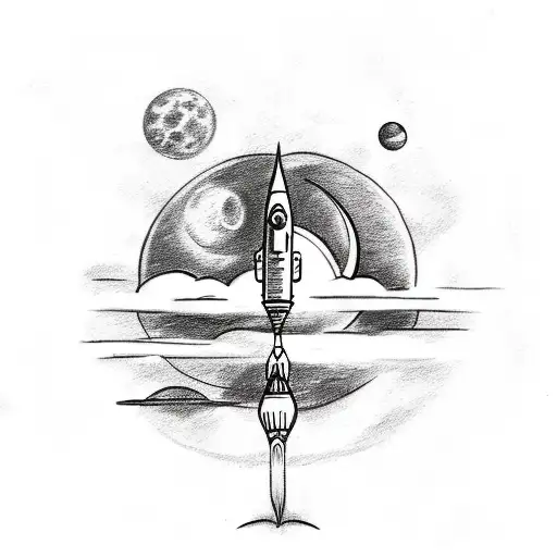 A Sketch-style Tattoo Of A Rocketship Flying Over The New York City Skyline With A Crescent Moon