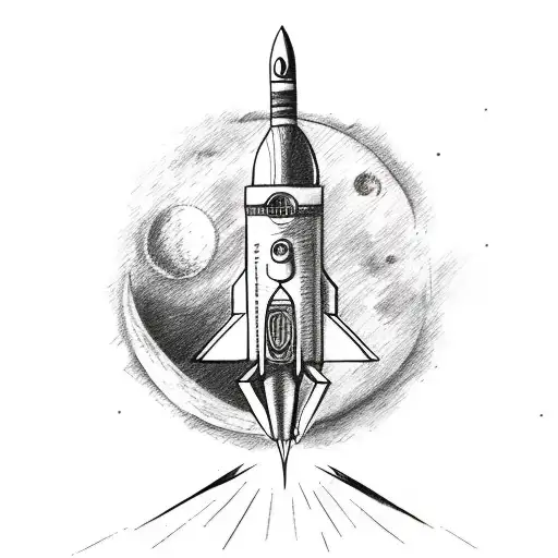 A Sketch-style Tattoo Of A Rocketship Flying Over The New York City Skyline With A Crescent Moon