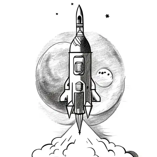 A Sketch-style Tattoo Of A Rocketship Flying Over The New York City Skyline With A Crescent Moon