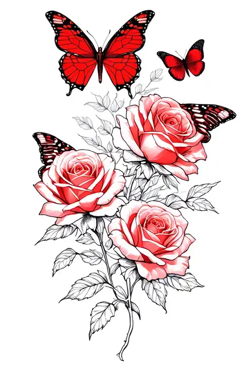 Roses And Red Butterflies