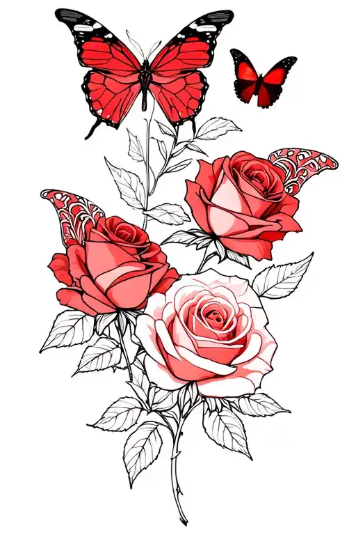 Roses And Red Butterflies