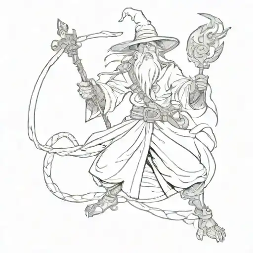Wizard With Staff Fighting Dragon