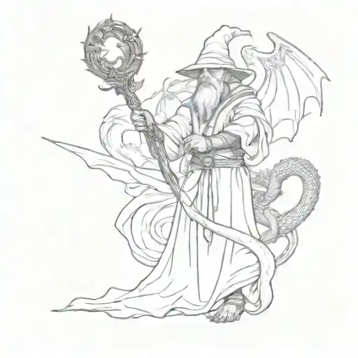 Wizard With Staff Fighting Dragon