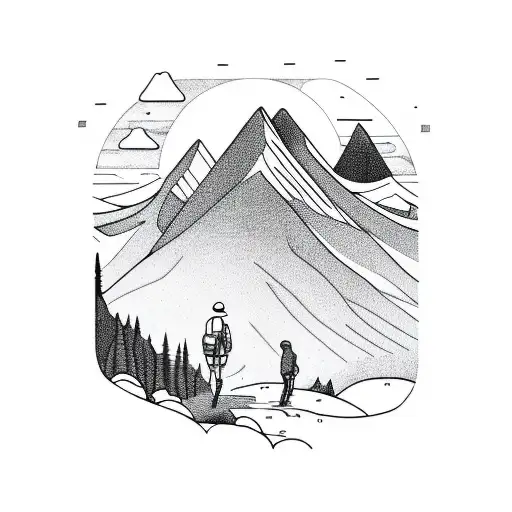 A Hiker At The Bottom Of A Mountain With A Sunset Behind In A Line Art