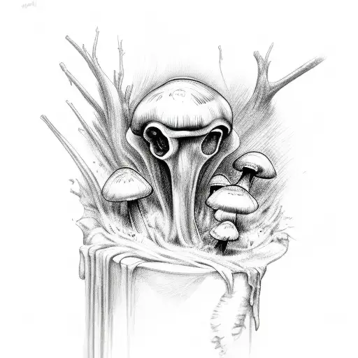 Inkcap Mushrooms Growing Out Of A Raven's Skull