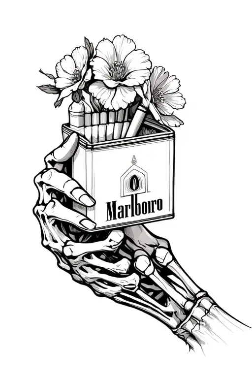 Skeleton Hand Holding Box Of Marlboro Cigarette Box With Flowers