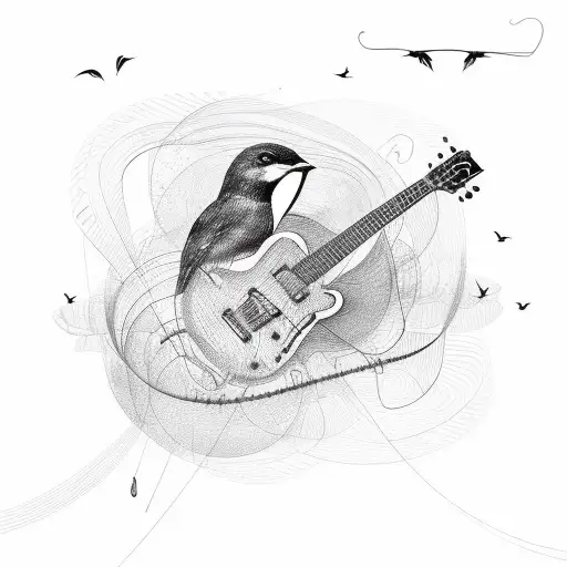 A Detailed Sketch Of A Guitar With Strings Turning Into Birds Flying Towards The Horizon