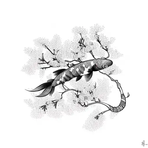 Cherry Blossoms With Thin Branches And One Koi Fish Throuhgout The Flowers