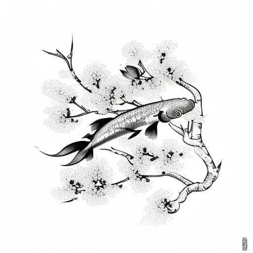 Cherry Blossoms With Thin Branches And One Koi Fish Throuhgout The Flowers