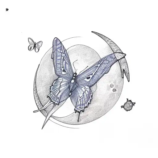 Pink And Blue Butterfly Flying Past A Bright Crescent Moon