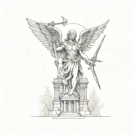 Angel Holding A Sword In Front Of A Building