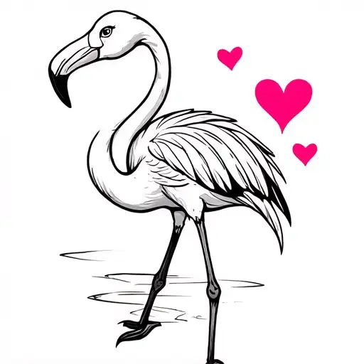 No Color Flamingo With Two Hearts Beside It