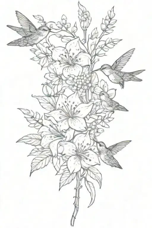 Long Stem Bouquet With May And August Birth Flowers And Small Hummingbird Hovering