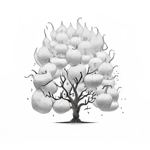 Family Tree Hald Burnt With Fruit On Other Side Tombstones Under