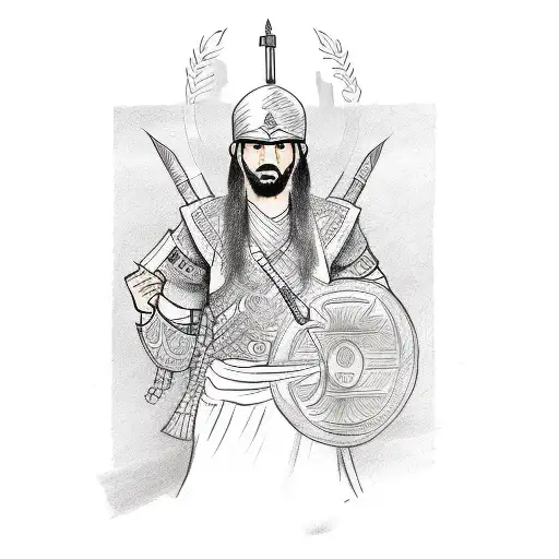 A Sketch-style Tattoo Depicting A Kurdish Warrior Holding A Book With Old Literature Symbols