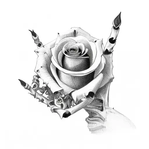 One Skeleton Hand Pointing Up Holding A Rose With Thorns