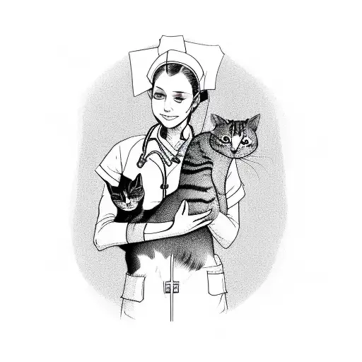 A Nurse Holding A Cat In A Sketch Style