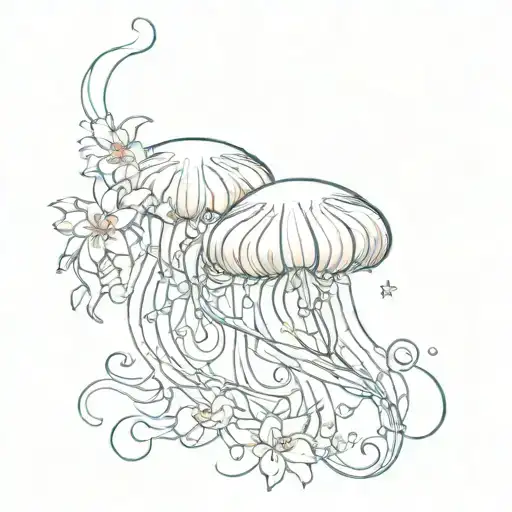 Fine Line Jellyfish Tatoo With Lily Flowers Intertwined