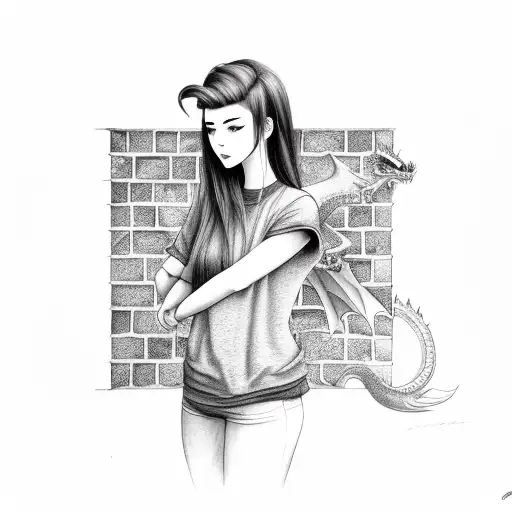 Sad Girl Infront Of A Brick Wall With A Dragon Around