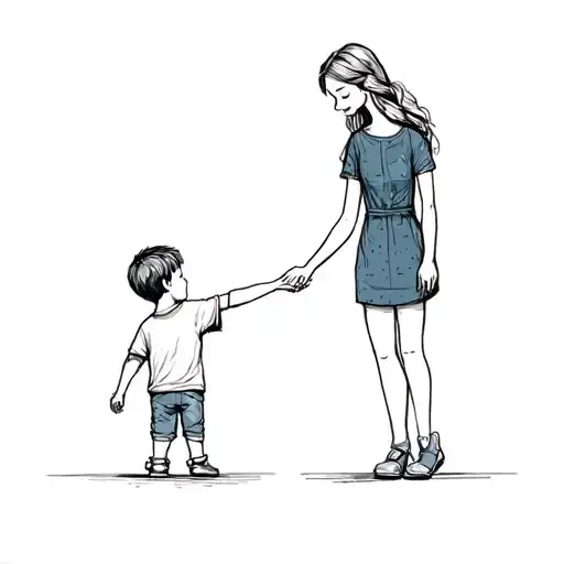 Mom And Little Boy Holding Hands Coming