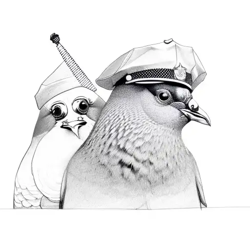 Police Pigeon With Police Hat Standing Next To A Criminal Pigeon