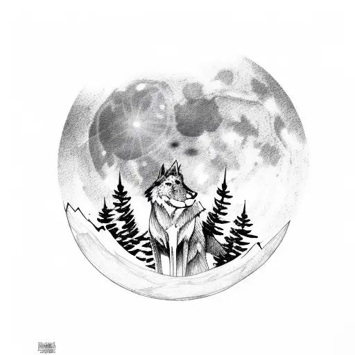 Lone Wolf With A Full Moon A Forest And Mountains