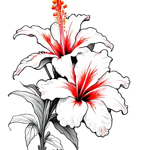 Hibiscus And A Stargazer Lilly Next To Eachother Elegantly With A Little Color Of Red