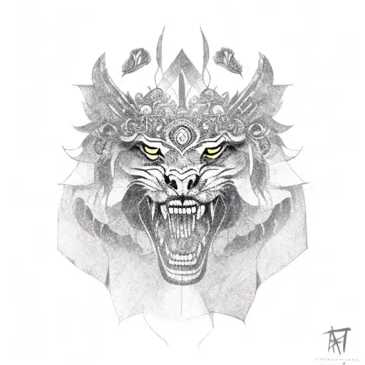 Roaring Lion Wearing A Balinese Crow