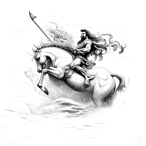 Poseidon Blowing Storm Riding Horse On Water