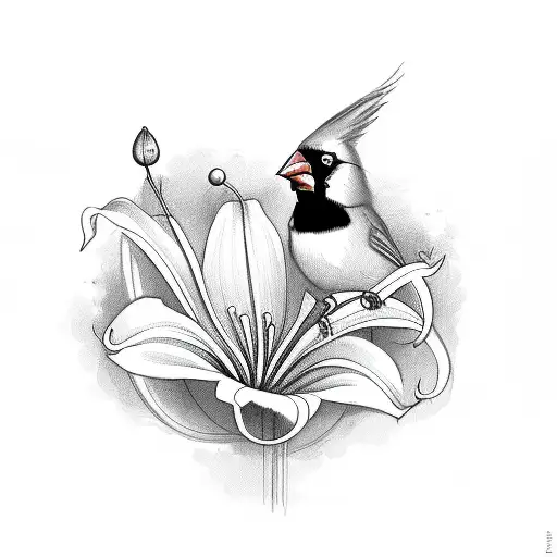 Cardinal With Lily Flower And A String Of Pearls