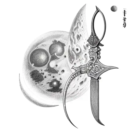 A Detailed Sketch Of A Sword Piercing A Crescent Moon