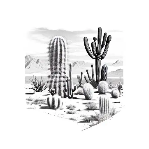 A Desert Landscape With Cacti And A Cowboy Hat Resting On A Fence Post